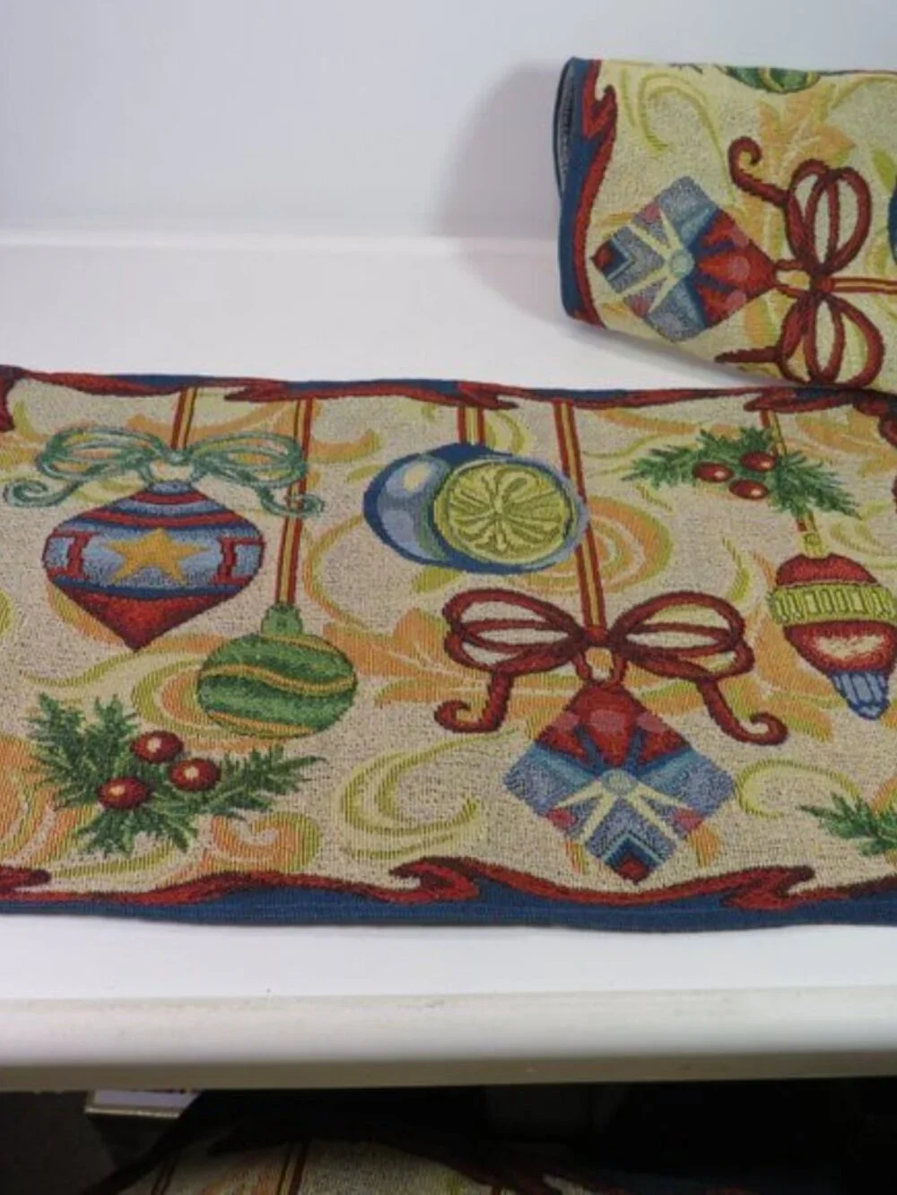 Jewel Tone Christmas Ornament Woven Tapestry (4) Placemats Holiday Cottagecore